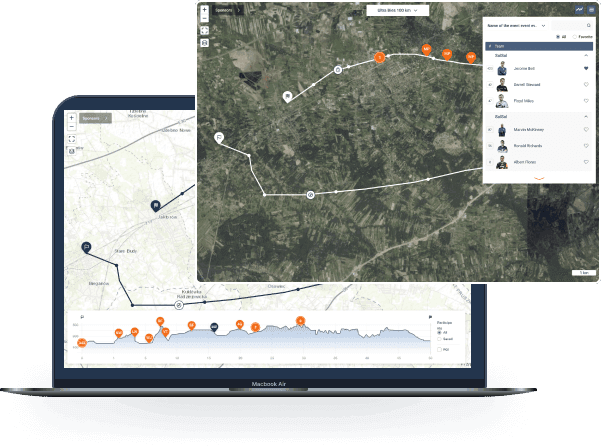 Poltrax live tracking map with participant positions and elevation profile on a laptop